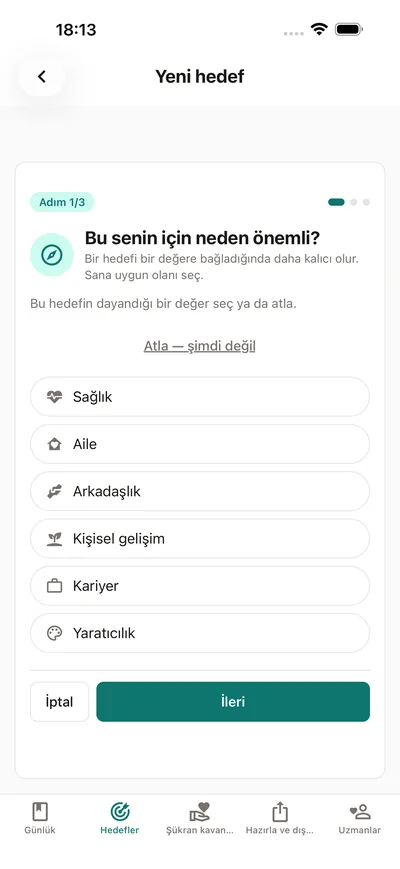 BrightLog'un hedef sihirbazı hedefin neden önemli olduğunu soruyor — hedefe ad vermeden önce sağlık, aile ya da kişisel gelişim gibi bir değer seç