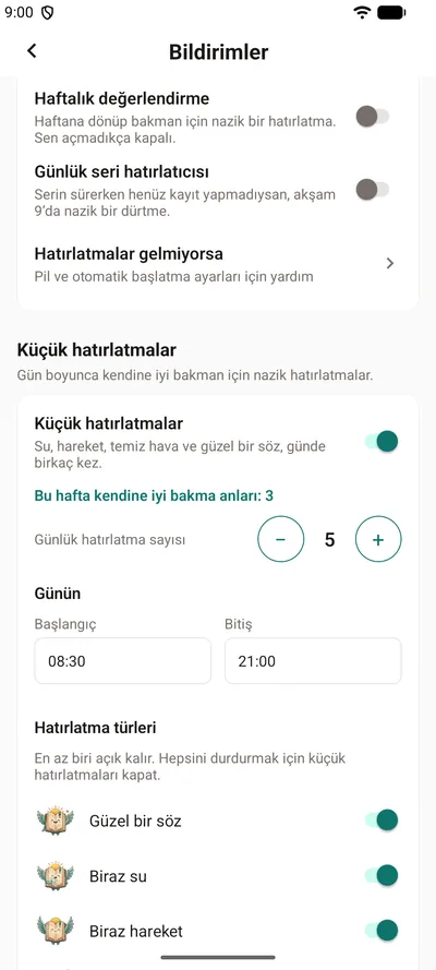 BrightLog ayarlarında Küçük hatırlatmalar: açma kapama anahtarı, bu haftaki kendine iyi bakma anları, günlük hatırlatma sayısı ve gününün saatleri