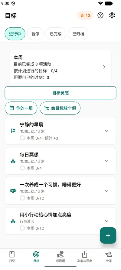 BrightLog 的目标标签页：“本周”一栏显示已完成的活动、按计划进行的目标和照顾自己的时刻，下面是四个目标和它们的进度环